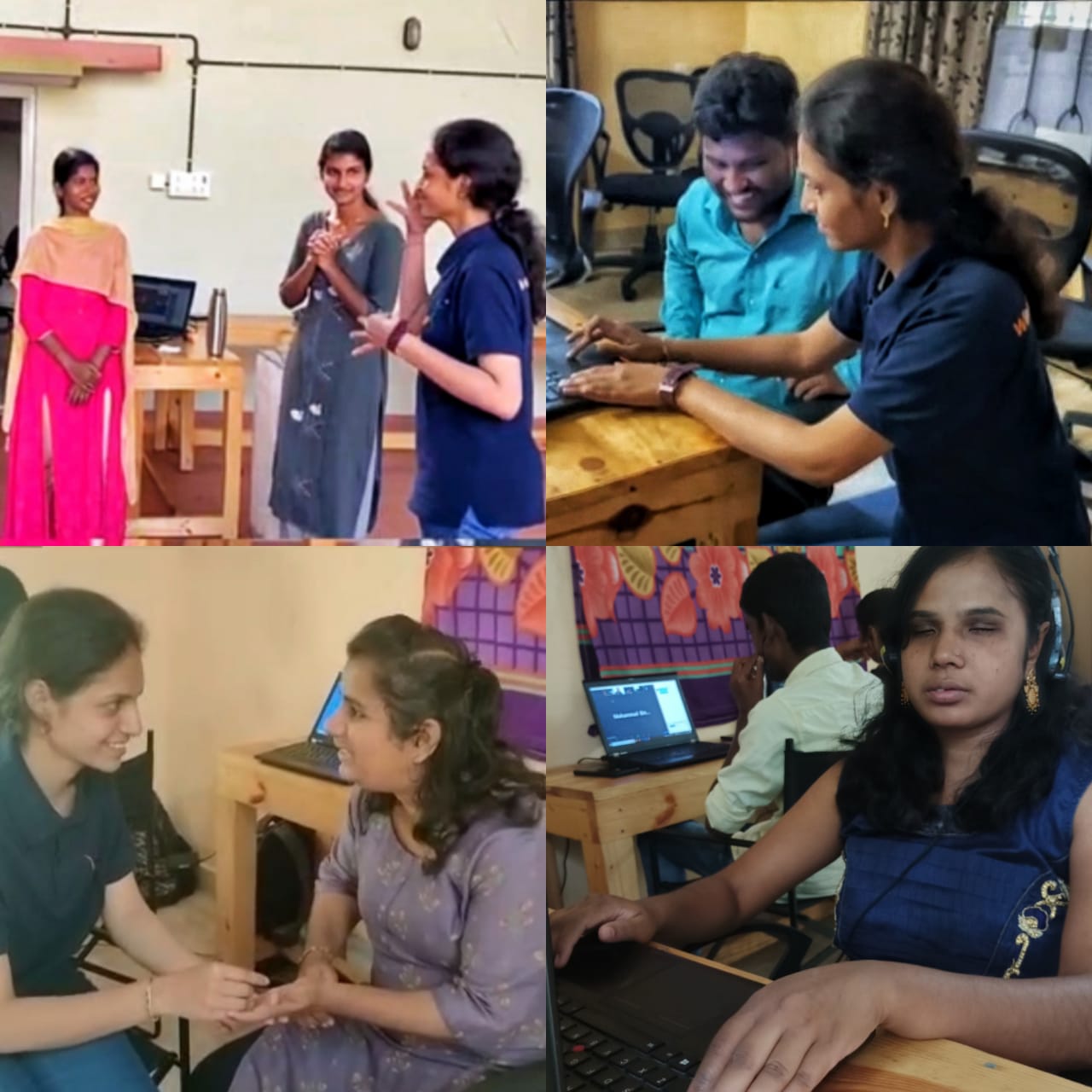 A collage of our deaf associate communicating with our candidates and associates who are persons with visual impairment.