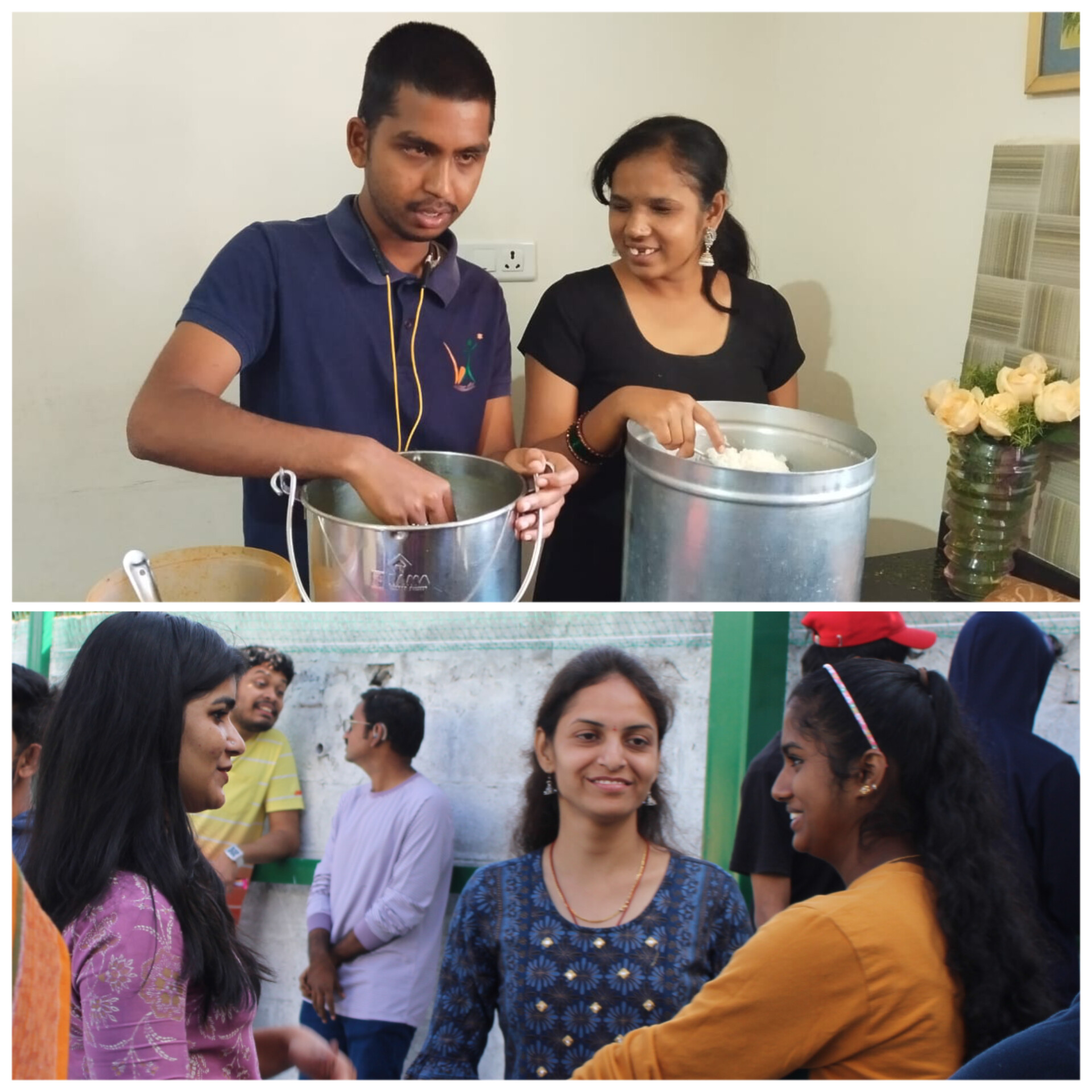 A collage of employees with visual impairment serving food and deaf people interacting with hearing people.