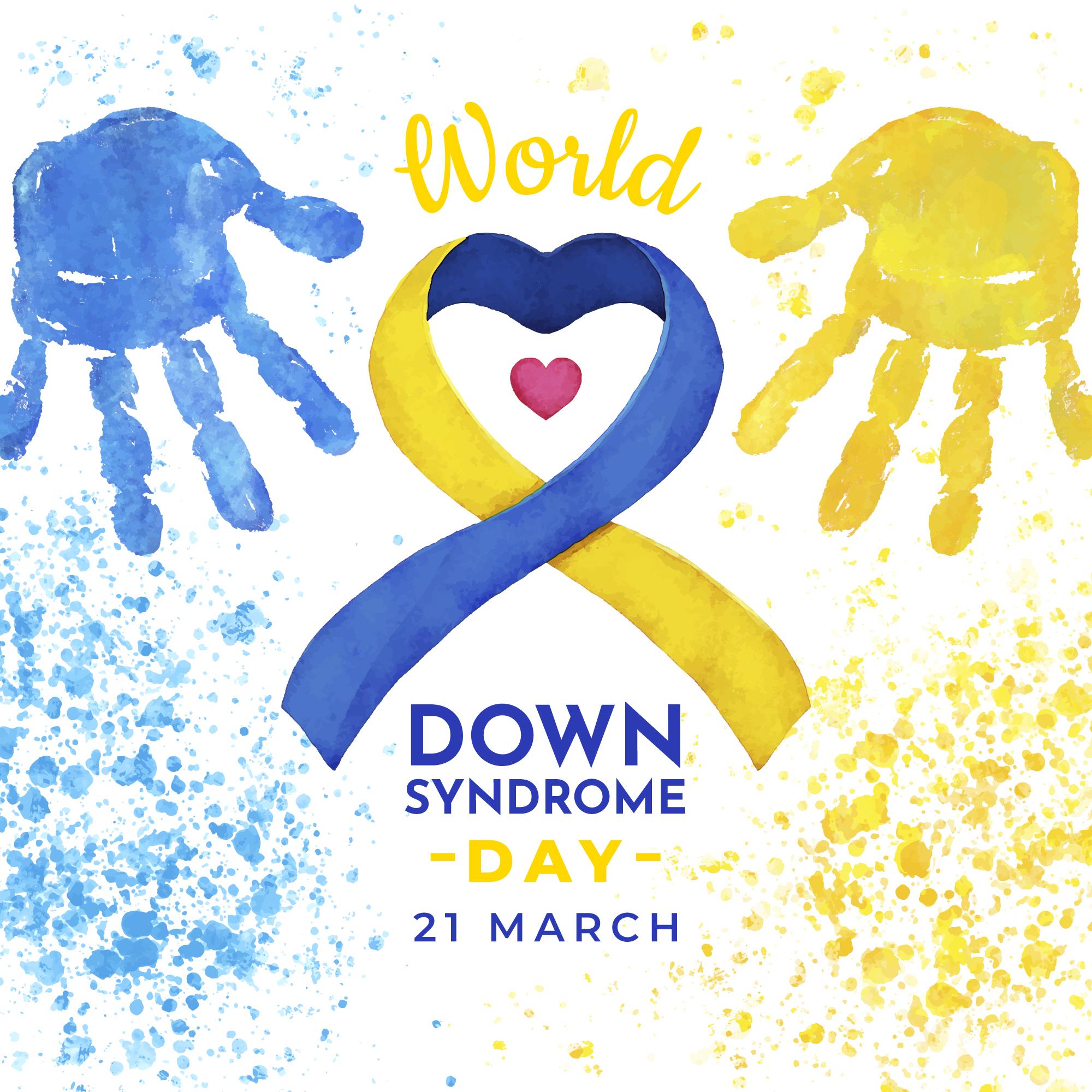 This image has the logo of the Down Syndrome which is a ribbon, blue on one side and yellow on the other side forming a loop and there is a tiny red heart in the loop. it also has 2 hands imprints facing down on the top corners one in yellow on the right side and blue on the left.  It has the text which says, World Down Syndrome Day, 21st March.
